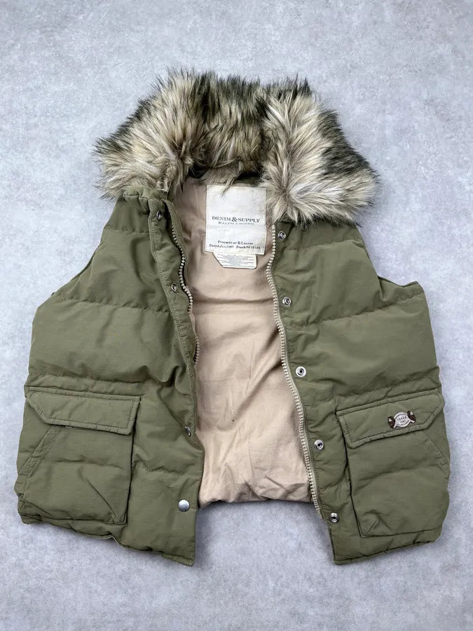 2010s Ralph Lauren Denim& Supply Olive Nylon Quilted Faux Fur Vest YVGixne 4