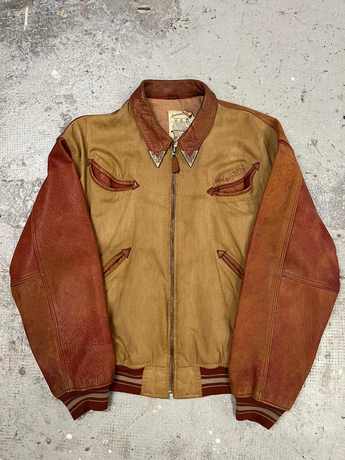 1980s Avirex Red Leither Beige Metallic Varsity Bomber Jacket (L) 1