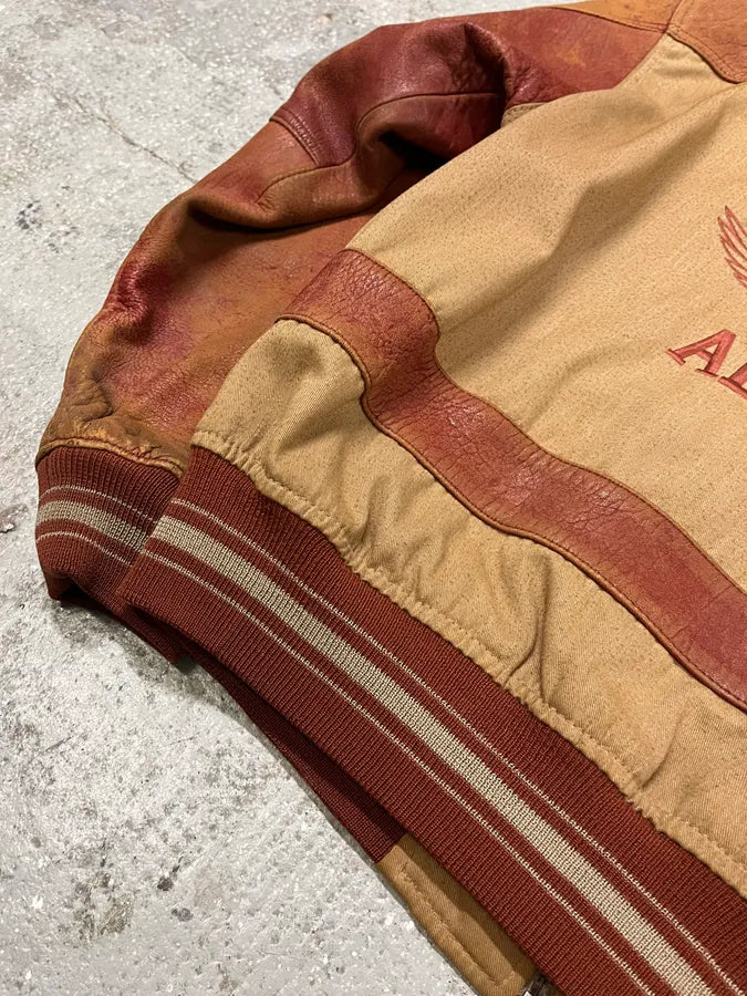 1980s Avirex Red Leither Beige Metallic Varsity Bomber Jacket (L) 10