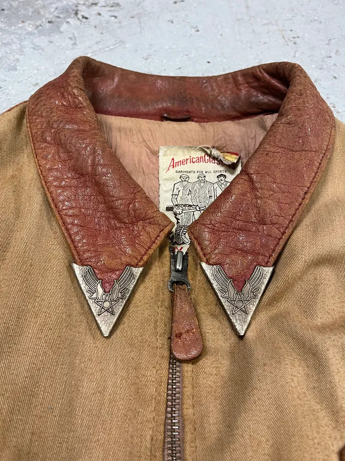 1980s Avirex Red Leither Beige Metallic Varsity Bomber Jacket (L) 14