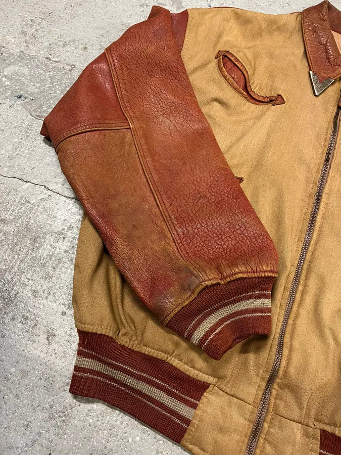 1980s Avirex Red Leither Beige Metallic Varsity Bomber Jacket (L) 16