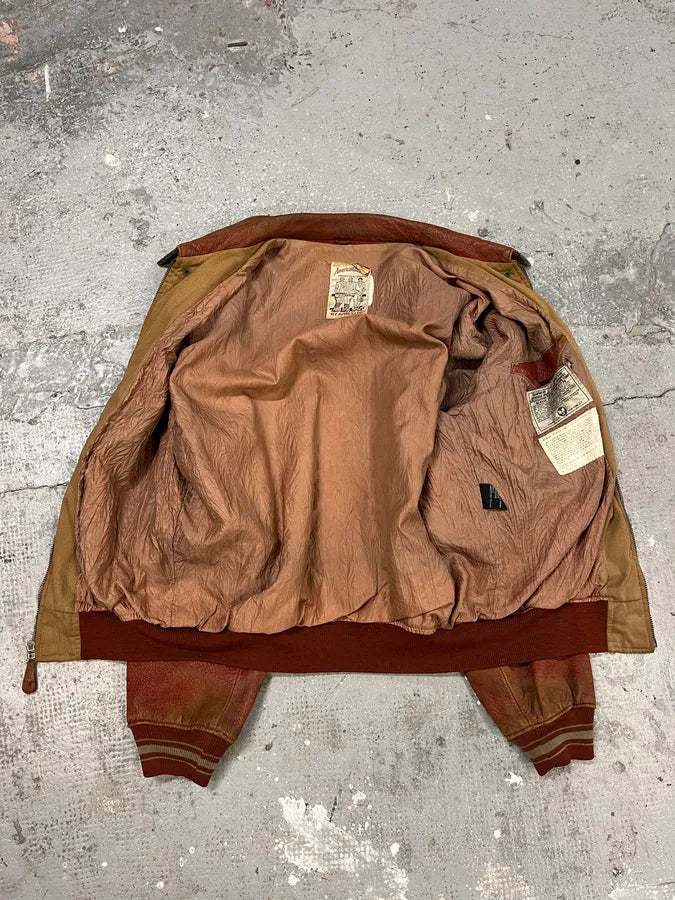 1980s Avirex Red Leither Beige Metallic Varsity Bomber Jacket (L) 17