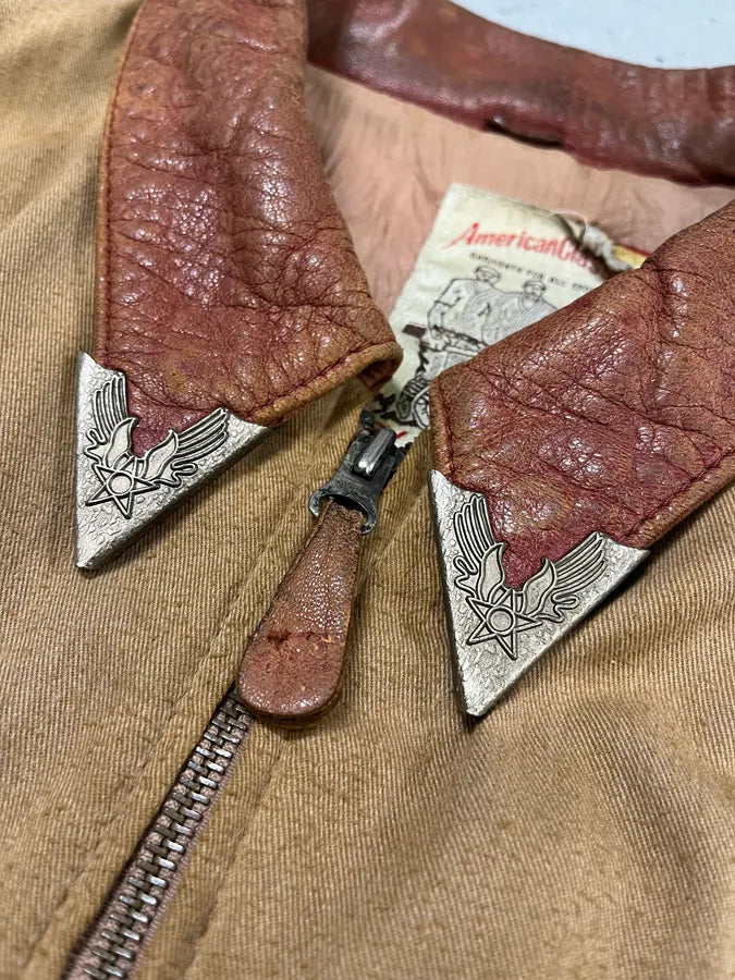 1980s Avirex Red Leither Beige Metallic Varsity Bomber Jacket (L) 18