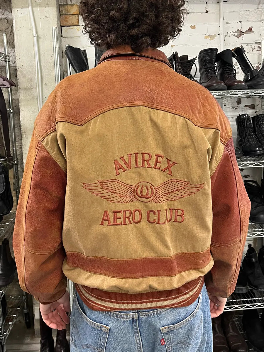 1980s Avirex Red Leither Beige Metallic Varsity Bomber Jacket (L) 2