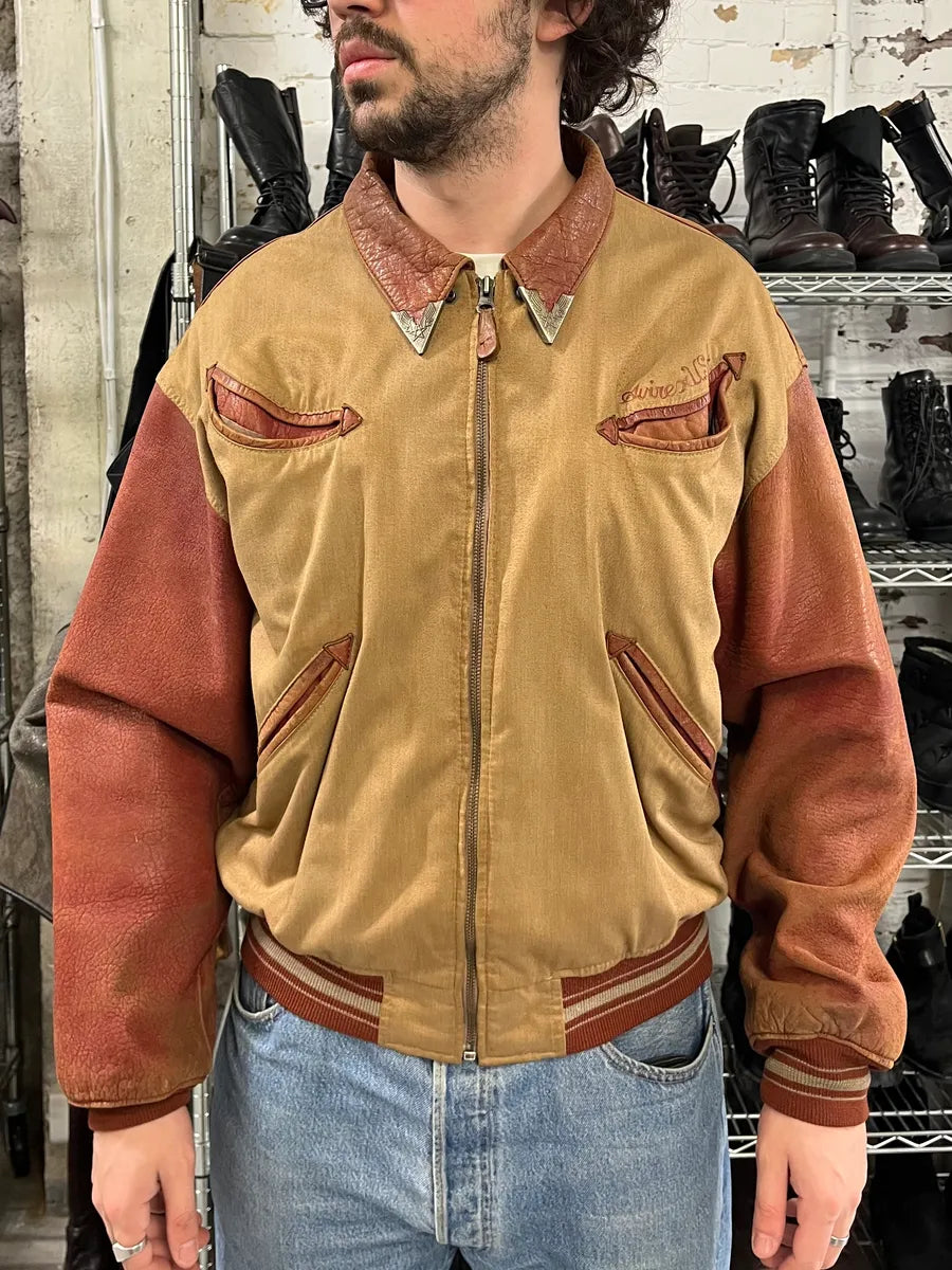 1980s Avirex Red Leither Beige Metallic Varsity Bomber Jacket (L) 3