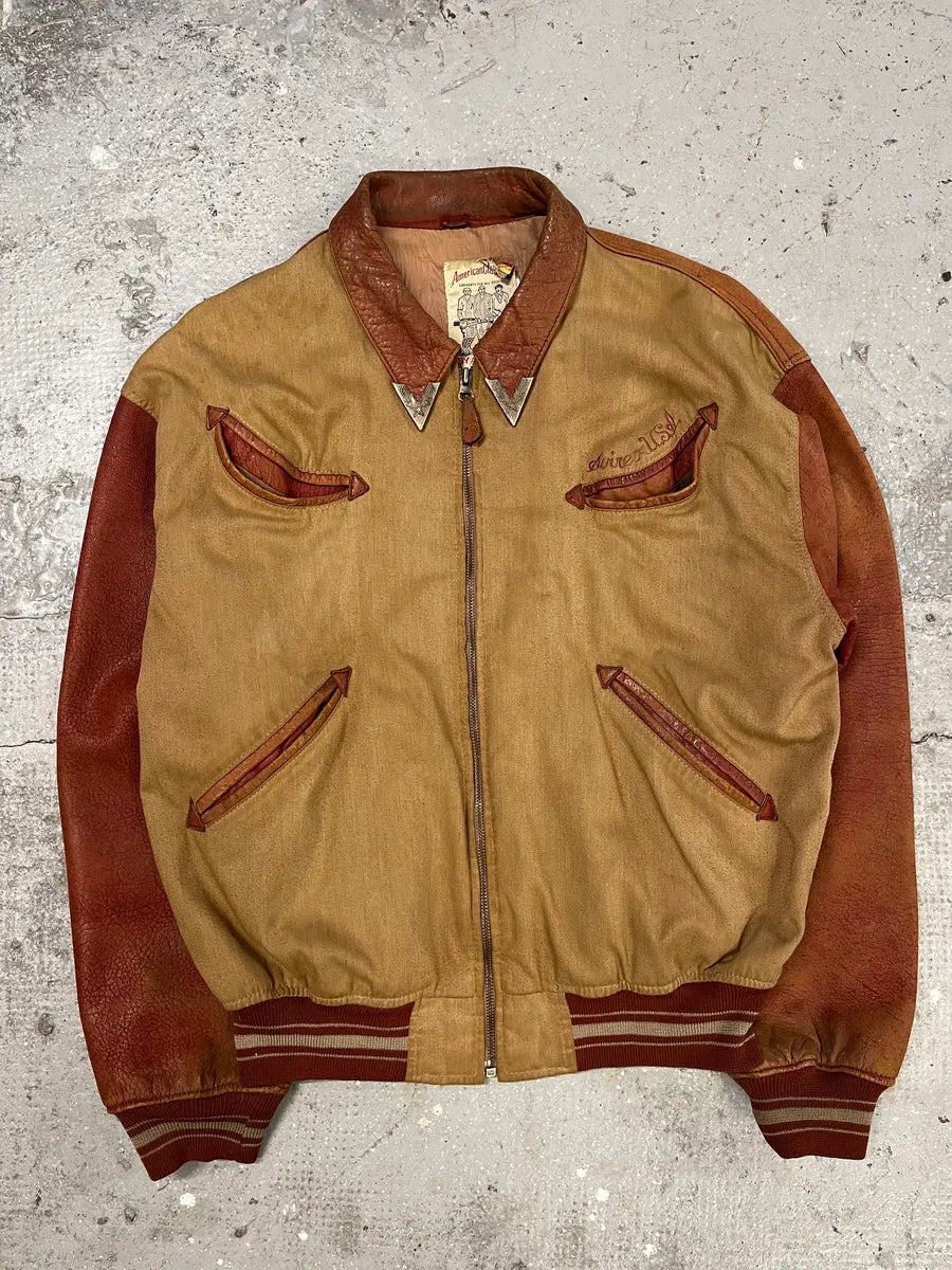 1980s Avirex Red Leither Beige Metallic Varsity Bomber Jacket (L) 4
