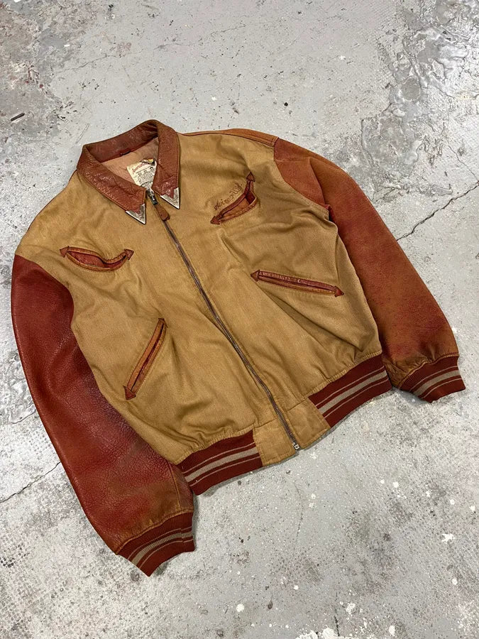 1980s Avirex Red Leither Beige Metallic Varsity Bomber Jacket (L) 6