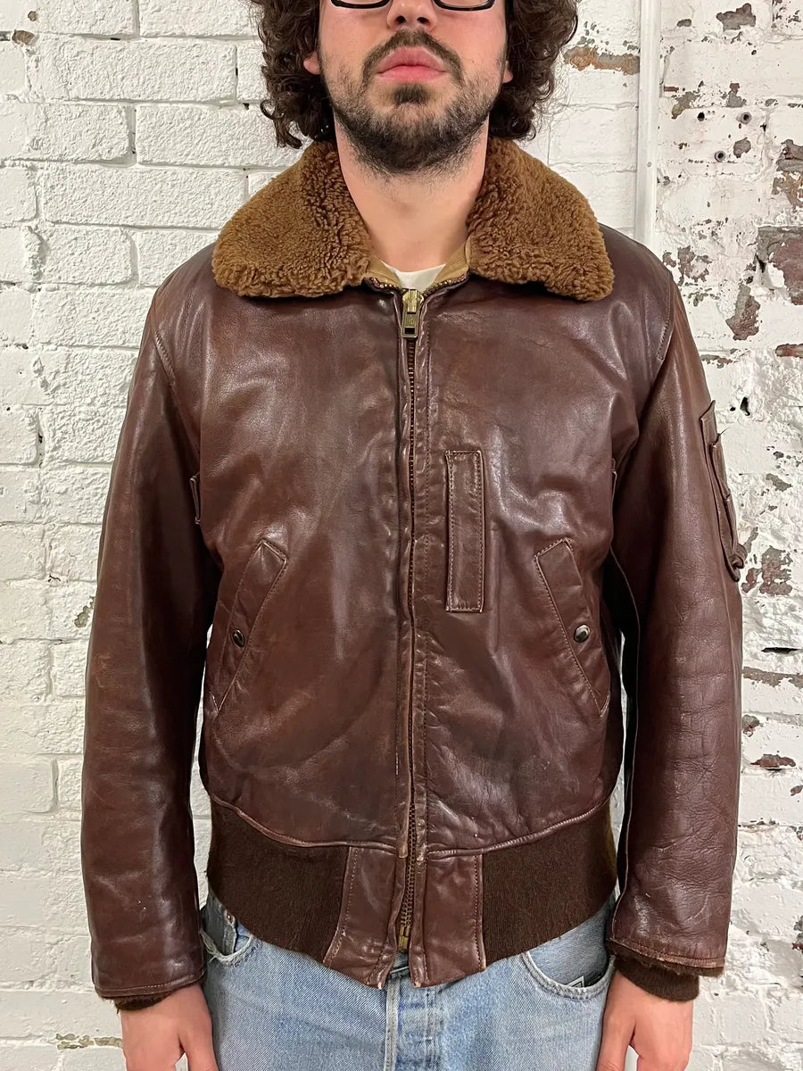 1980s Avirex Shearling Brown Leather Bomber Jacket NjEclDD 1