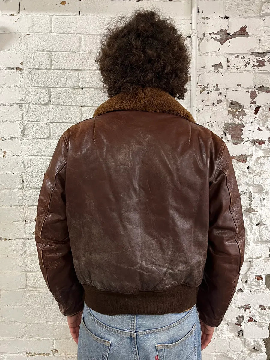 1980s Avirex Shearling Brown Leather Bomber Jacket NjEclDD 3