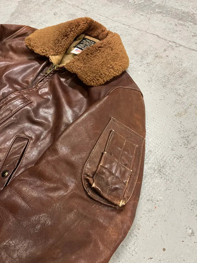 1980s Avirex Shearling Brown Leather Bomber Jacket NjEclDD 5