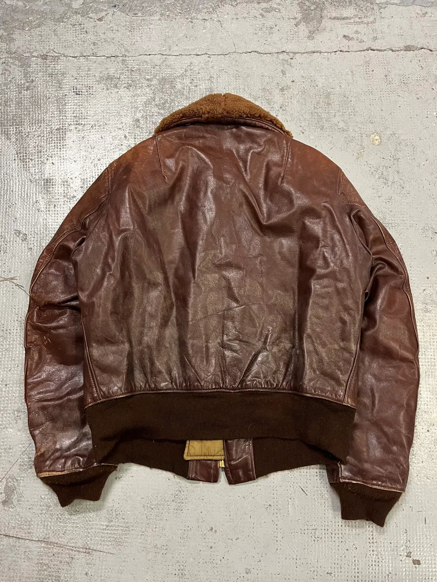 1980s Avirex Shearling Brown Leather Bomber Jacket NjEclDD 6