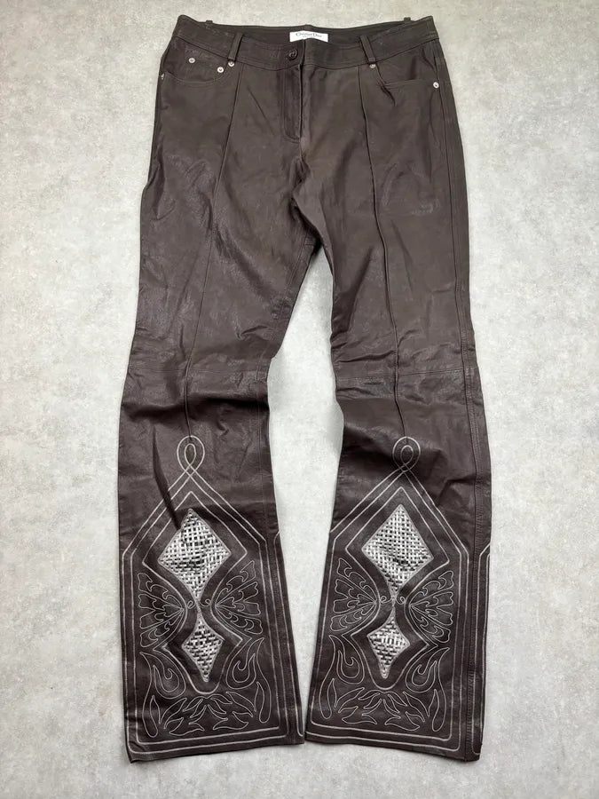 SS2006 Christian Dior Dark Brown Leather Straight Pants ZfTBrGQ 0