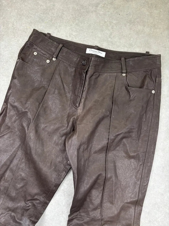 SS2006 Christian Dior Dark Brown Leather Straight Pants ZfTBrGQ 4