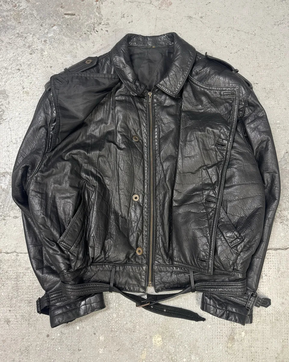 1980s Cropped Leather Black Army Asymmetrical Jacket (S/M) 2