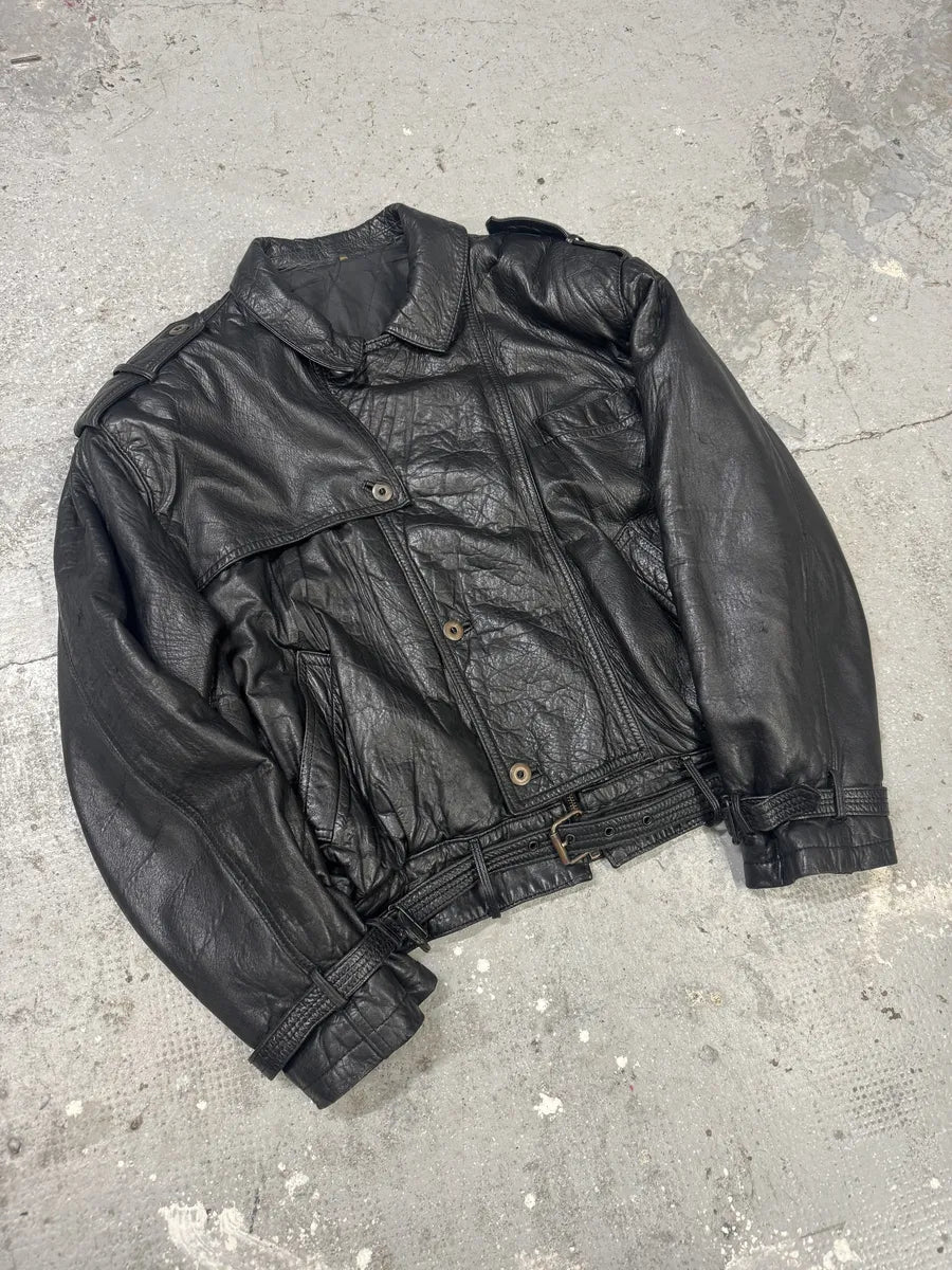 1980s Cropped Leather Black Army Asymmetrical Jacket (S/M) 5