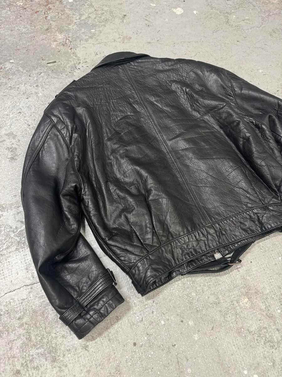 1980s Cropped Leather Black Army Asymmetrical Jacket (S/M) 6