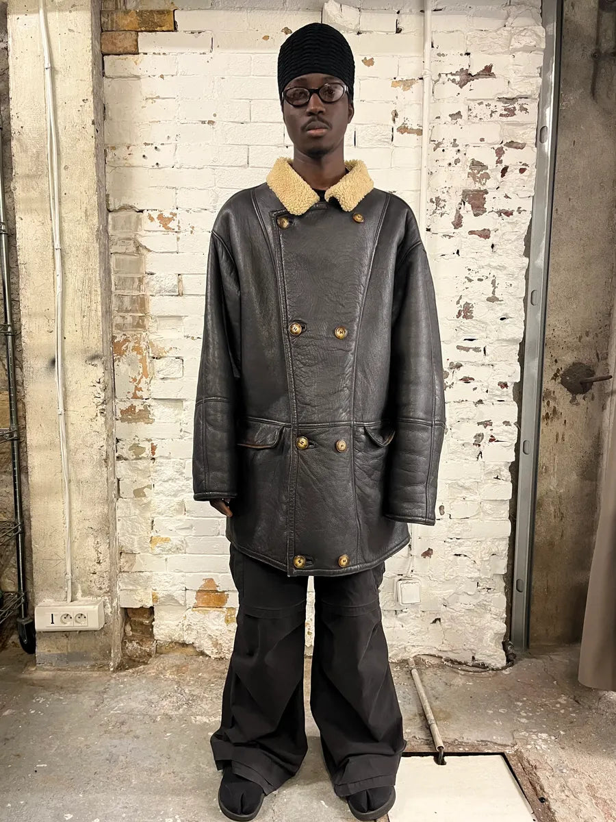 1980s Emporio Armani Black Shearling Leather Coat fBkAhef 0