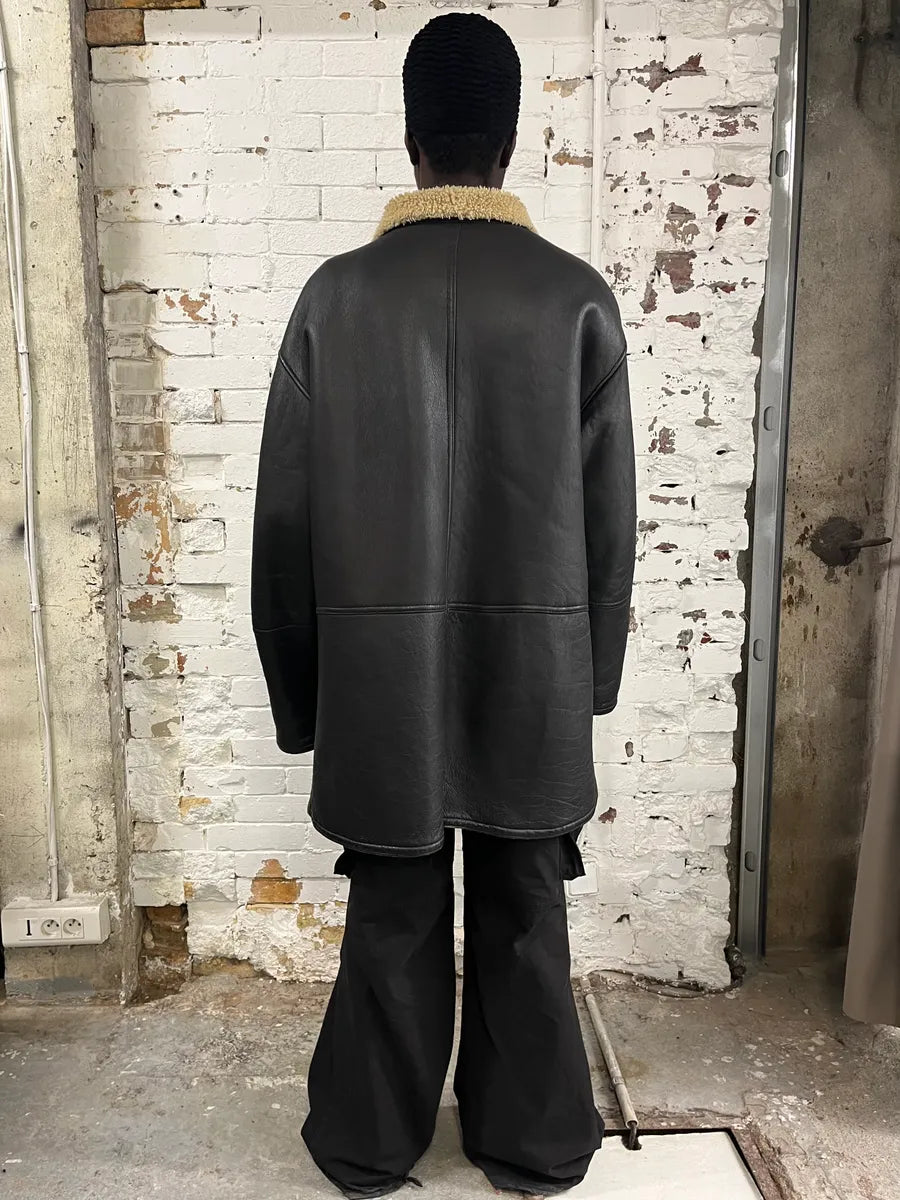 1980s Emporio Armani Black Shearling Leather Coat fBkAhef 1