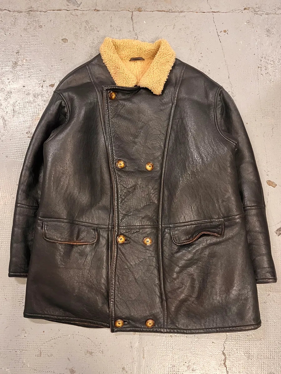 1980s Emporio Armani Black Shearling Leather Coat fBkAhef 2