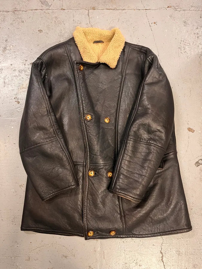 1980s Emporio Armani Black Shearling Leather Coat fBkAhef 3