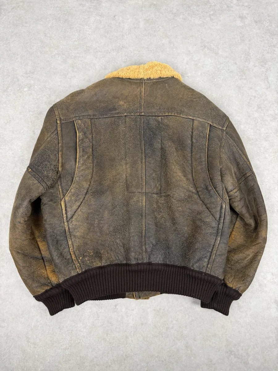 1980s Emporio Armani Brown Eroded Shearling Leather Jacket GkTulbo 1