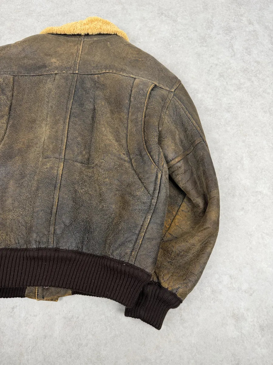 1980s Emporio Armani Brown Eroded Shearling Leather Jacket GkTulbo 10