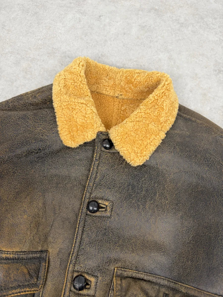 1980s Emporio Armani Brown Eroded Shearling Leather Jacket GkTulbo 11