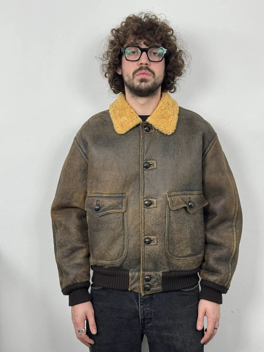 1980s Emporio Armani Brown Eroded Shearling Leather Jacket GkTulbo 2