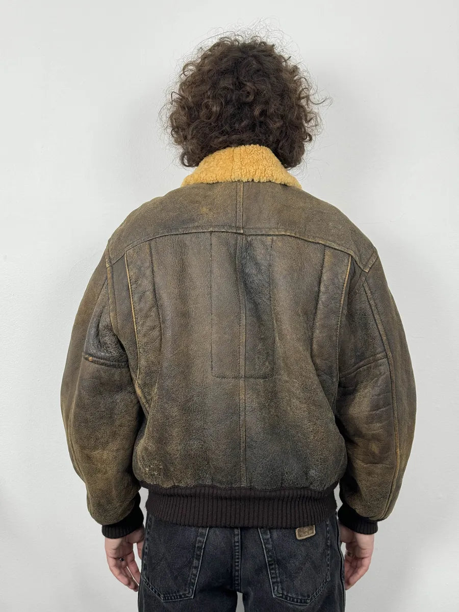 1980s Emporio Armani Brown Eroded Shearling Leather Jacket GkTulbo 3