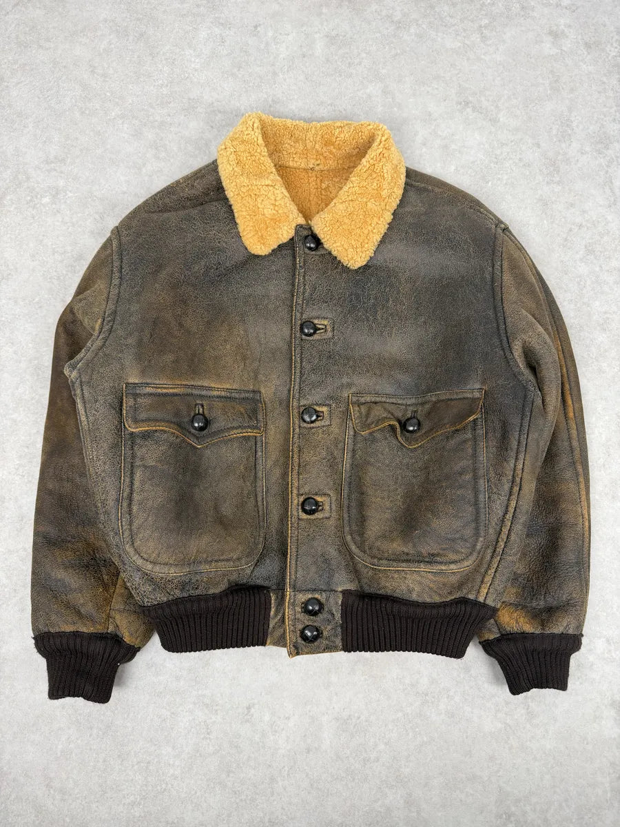 1980s Emporio Armani Brown Eroded Shearling Leather Jacket GkTulbo 4