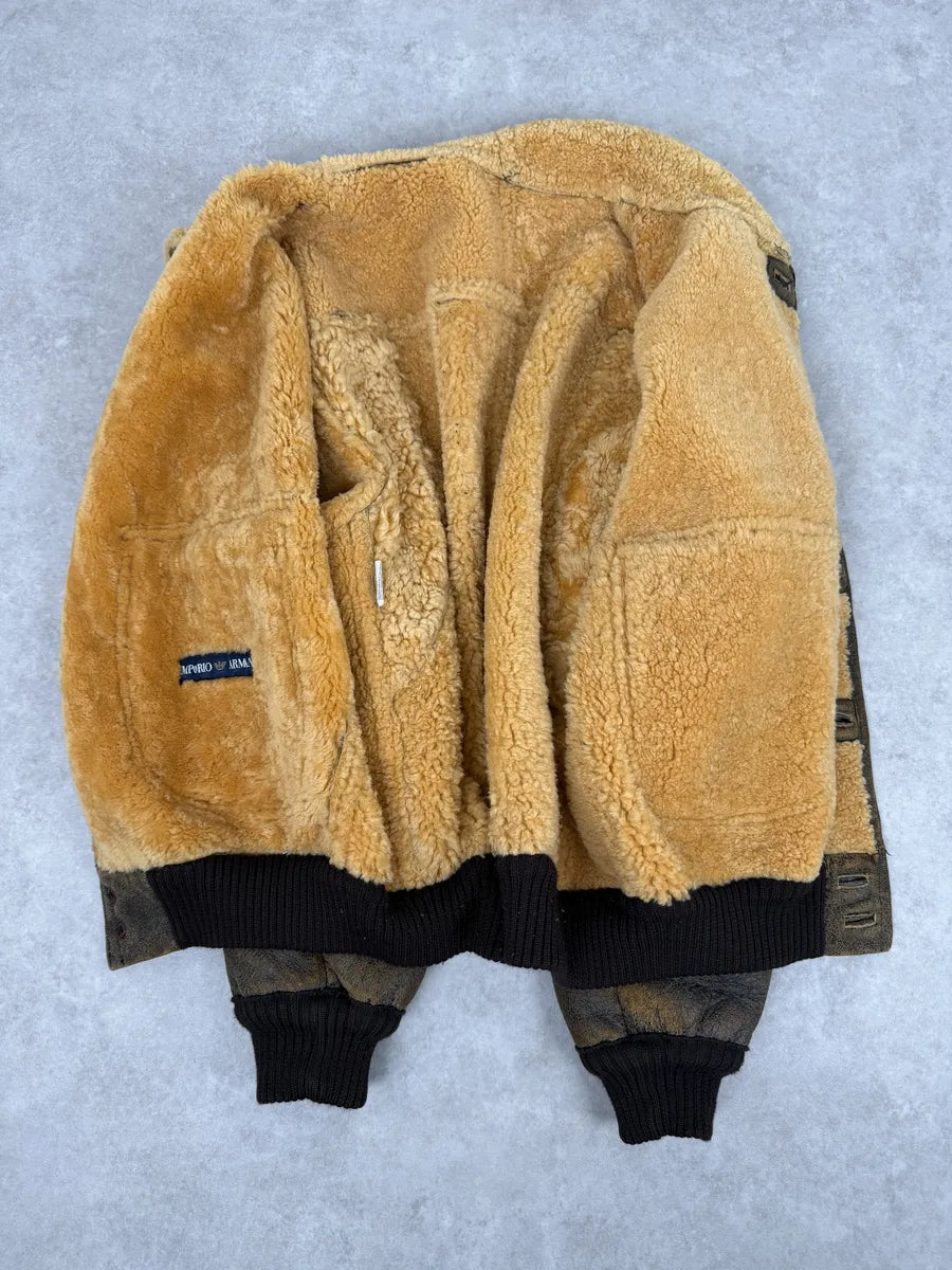 1980s Emporio Armani Brown Eroded Shearling Leather Jacket GkTulbo 5