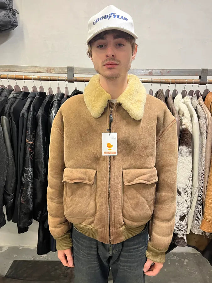 1980s Emporio Armani Camel Shearling Leather Bomber Jacket (M/L) KHmxNnl 1