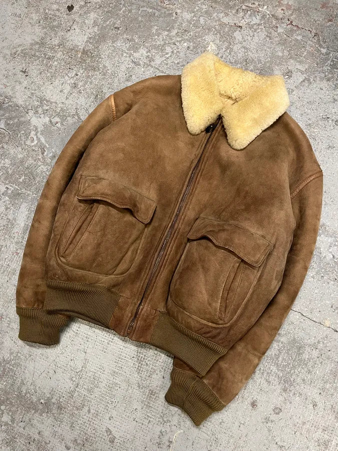 1980s Emporio Armani Camel Shearling Leather Bomber Jacket (M/L) KHmxNnl 3
