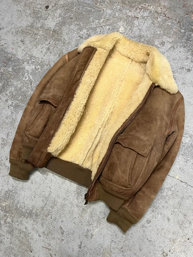 1980s Emporio Armani Camel Shearling Leather Bomber Jacket (M/L) KHmxNnl 4