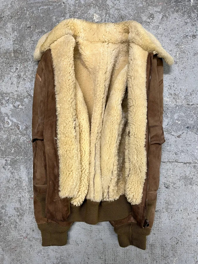 1980s Emporio Armani Camel Shearling Leather Bomber Jacket (M/L) KHmxNnl 5