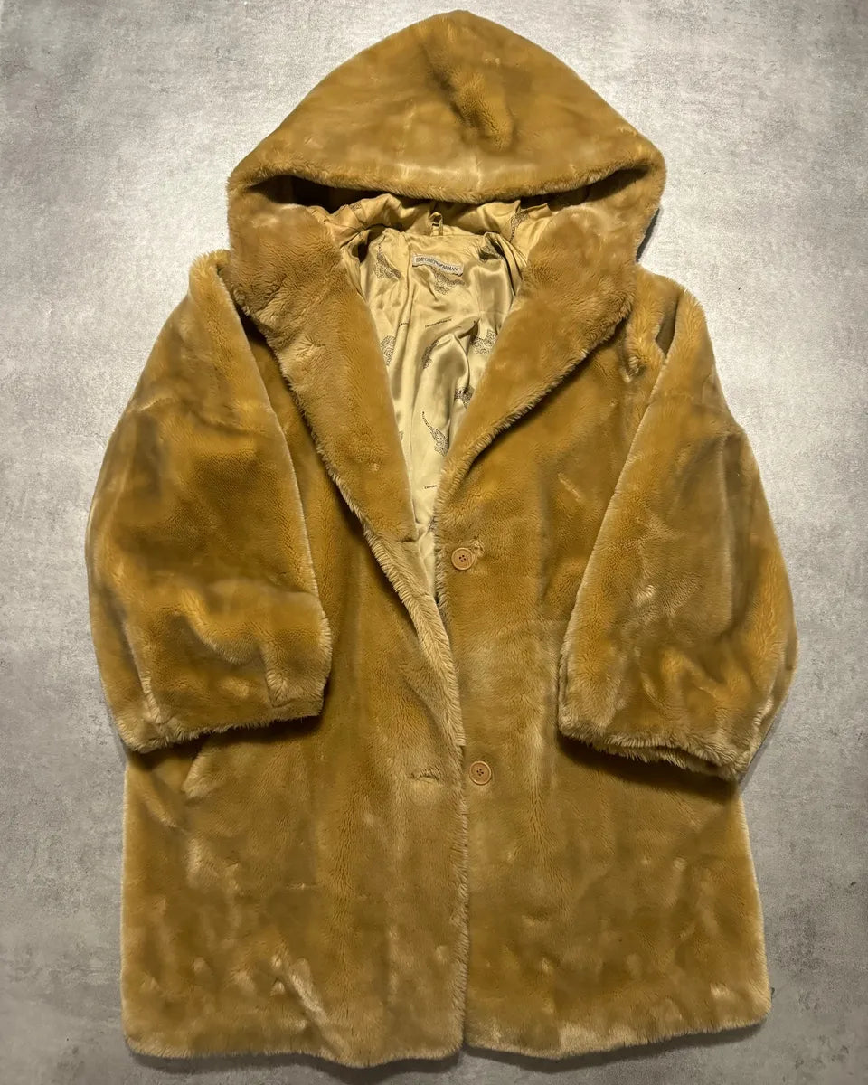 1980s Emporio Armani Faux Fur Long Hooded Large Jacket ZGZQCZm 9