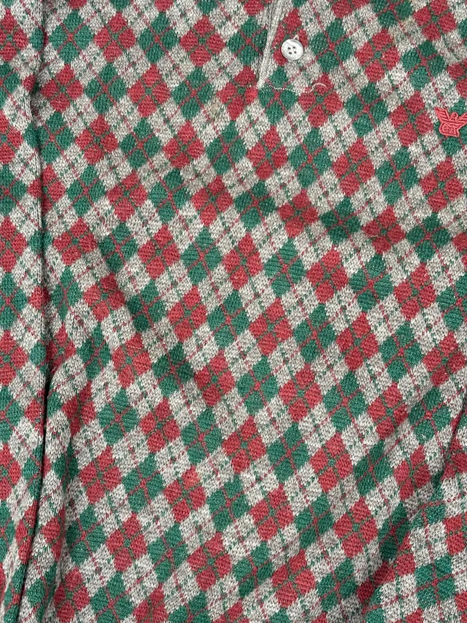 1980s Emporio Armani Grey Wool Red & Green Polo Sweater RIpPDnd 6