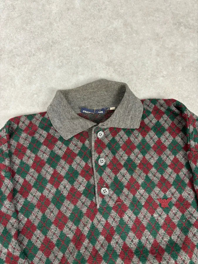 1980s Emporio Armani Grey Wool Red & Green Polo Sweater RIpPDnd 3