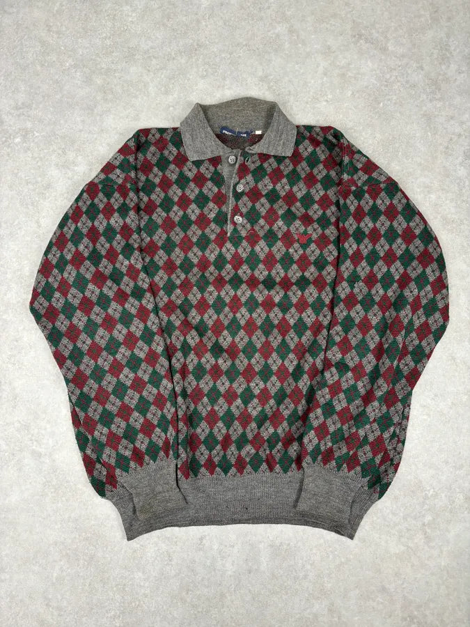 1980s Emporio Armani Grey Wool Red & Green Polo Sweater RIpPDnd 0