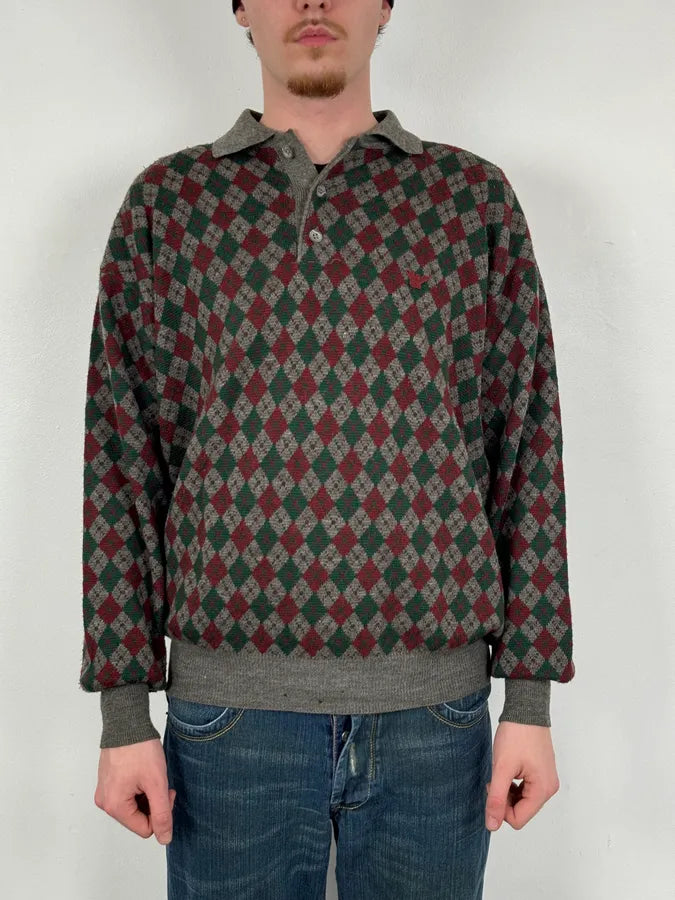 1980s Emporio Armani Grey Wool Red & Green Polo Sweater RIpPDnd 1