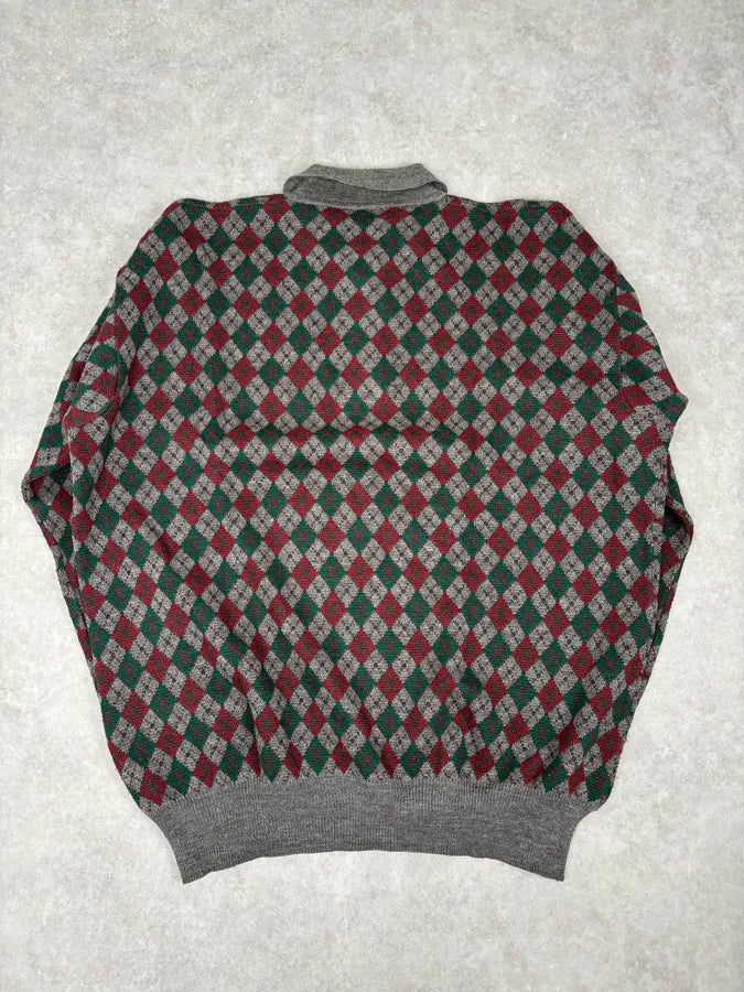 1980s Emporio Armani Grey Wool Red & Green Polo Sweater RIpPDnd 4