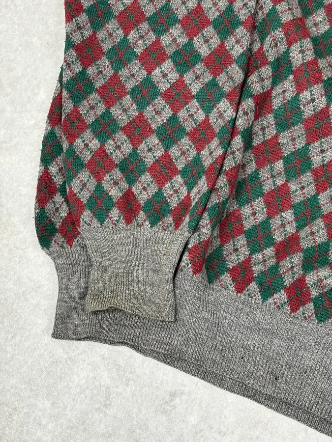 1980s Emporio Armani Grey Wool Red & Green Polo Sweater RIpPDnd 7