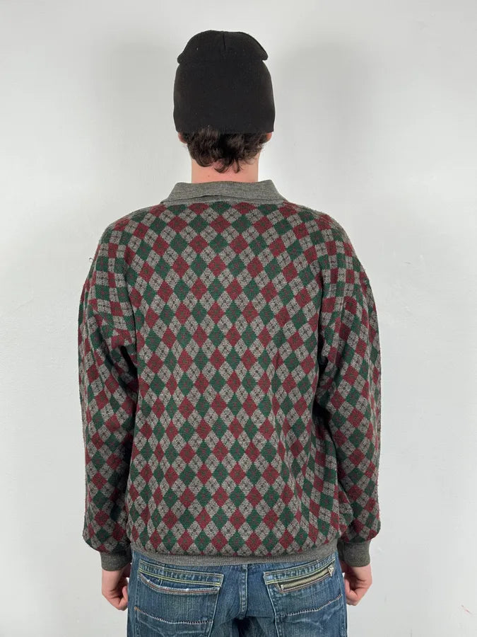 1980s Emporio Armani Grey Wool Red & Green Polo Sweater RIpPDnd 2