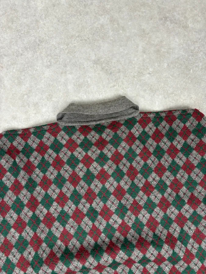 1980s Emporio Armani Grey Wool Red & Green Polo Sweater RIpPDnd 5
