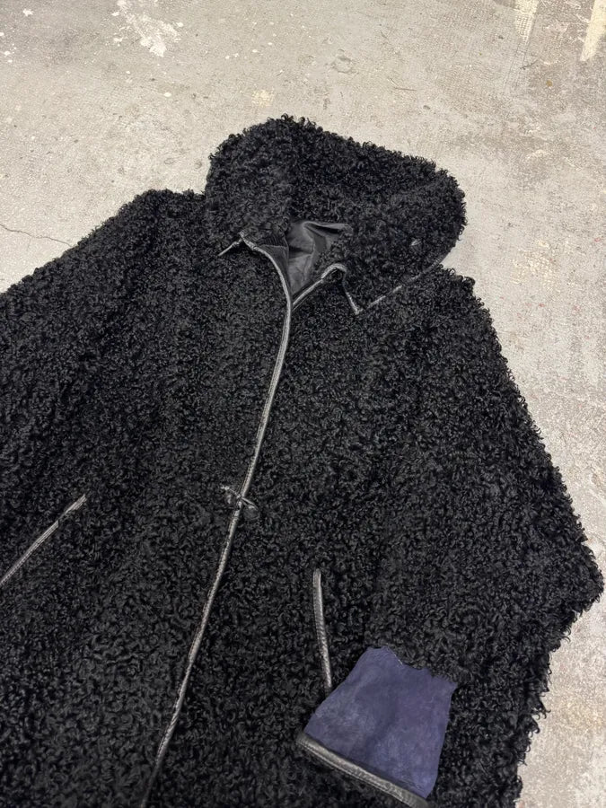 1980s Gianni Versace Black Astrakhan Fur Long Jacket (S/M) 1