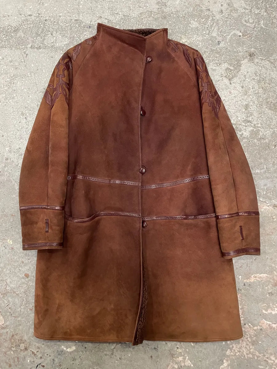 1980s Gianni Versace Molding Caramel Suede Leather Long Jacket eRcMpcY 0