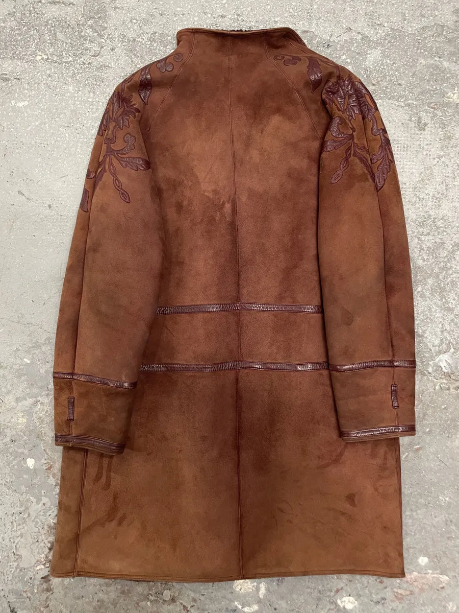 1980s Gianni Versace Molding Caramel Suede Leather Long Jacket eRcMpcY 1