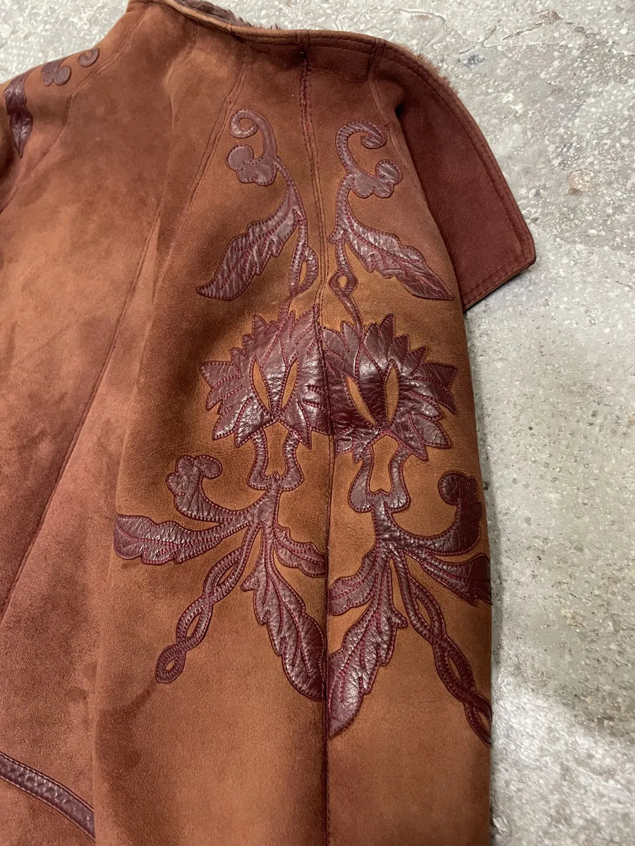 1980s Gianni Versace Molding Caramel Suede Leather Long Jacket eRcMpcY 10