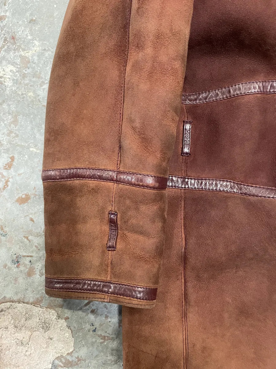 1980s Gianni Versace Molding Caramel Suede Leather Long Jacket eRcMpcY 12