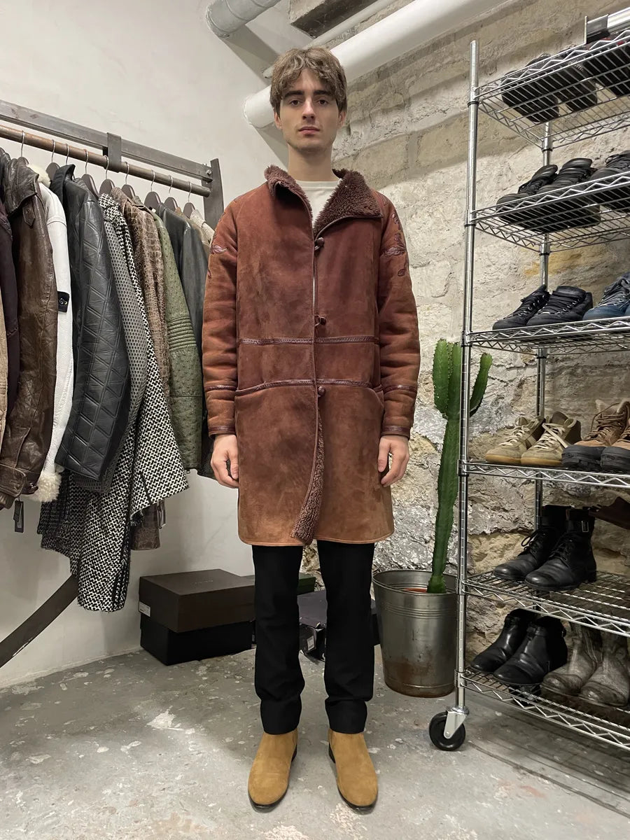 1980s Gianni Versace Molding Caramel Suede Leather Long Jacket eRcMpcY 2